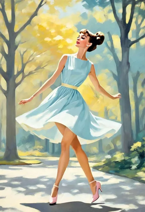 audrey hepburn in a summer dress dancing in the foreground of a Silke Leffler-inspired descriptive scene of music transforming a concrete world in pale pink pale blue and yellow, 4d trees and unseen colors .delicate  exploring bright and shadow nuances, illustrative techniques, like precise shadow delineation, soft cinematic lighting casting an inviting and moist atmosphere, acrimonious, group of seven, postmodernism, brutalist,