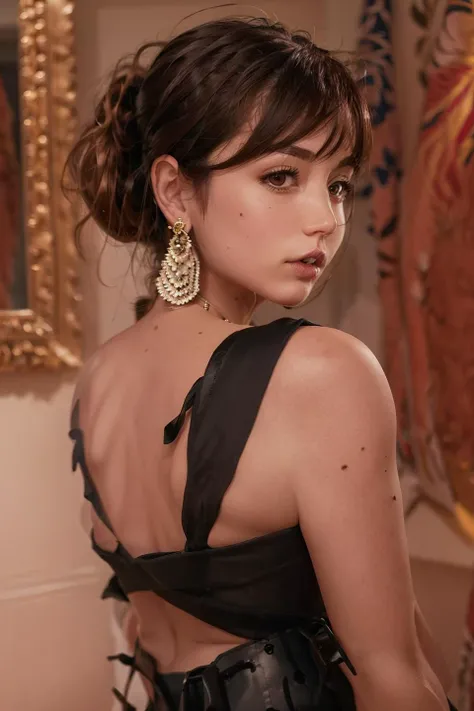 ultra realistic 8k cg, picture-perfect face, flawless, clean, masterpiece, professional artwork, famous artwork, cinematic lighting, cinematic bloom, perfect face, beautiful face, beautiful eyes, ((perfect female body, narrow waist)), 1girl, jewelry, solo, earrings, mole, black_hair, looking_at_viewer, hair_bun, <lora:Anna_Vo1:1>