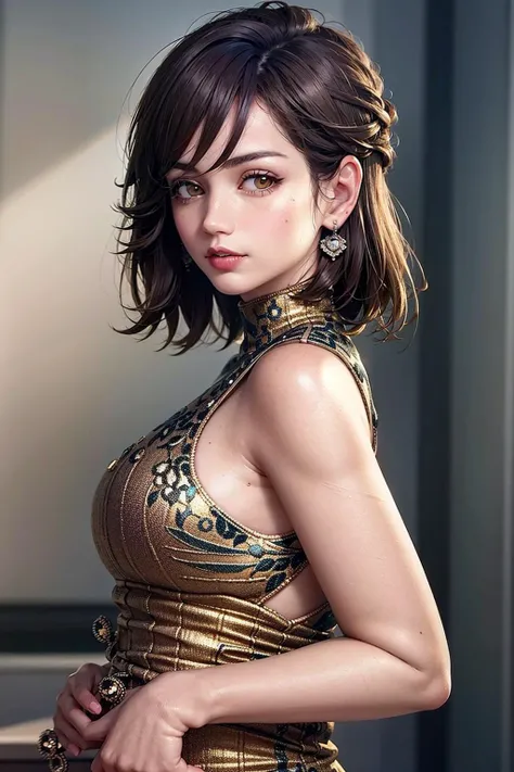 (masterpiece:1,2), best quality, masterpiece, highres, original, extremely detailed wallpaper, perfect lighting, (extremely detailed CG:1.2), earrings, 1girl, jewelry, solo, realistic, brown_eyes, blurry, lips, looking_at_viewer, brown_hair, <lora:Anna_Vo1:0.8>,