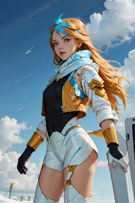 (masterpiece, best quality), 1girl, <lora:Puchohenza_v1:1> long hair, blue eyes, blonde hair, blue hair, multicolored hair, elbow gloves, scarf, thigh boots, open jacket, white and black suit,