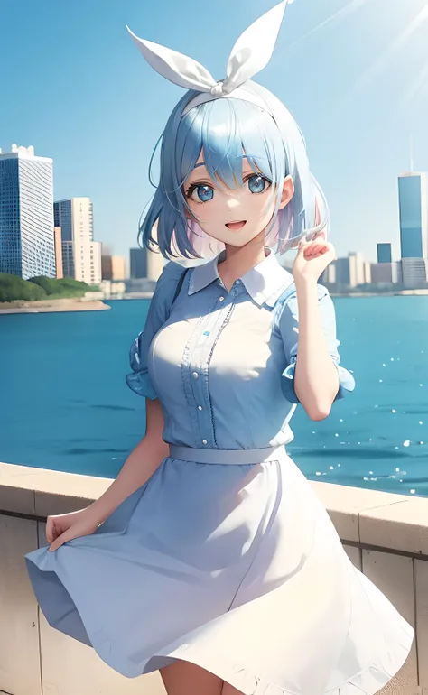 1girl, cowboy shot, standing, Arona, short hair, blue hair, blue eyes, white hairband, white dress, collared dress, short sleeves, frilled sleeves, open mouth, smile, outdoors, city, cityscape, shore, water, blue sky, sunlight <lora:chara-arona-v1:0.6>