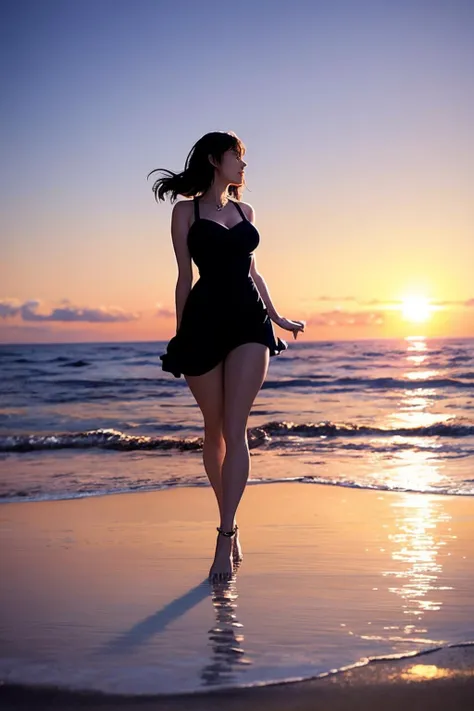 woman enjoying a stroll the beach. age 35. sunset reflecting on the ocean. volumetric light. reflection, refraction.