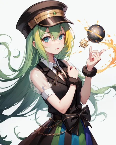 masterpiece, high quality, alinagray, 1girl, solo, medium shot, upper body, looking at viewer, skirt, hat, bow, jewelry, closed mouth, small breasts, (dynamic shot), necktie, striped, black footwear, collar, see-through, detached collar, garter straps, magical girl, black necktie, multicolored clothes, vertical stripes, sleeve cuffs, white collar, striped skirt, lapels, cross tie, abstract background, sparks, <lora:AlinaGray:0.9>