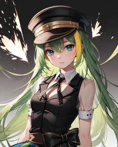 masterpiece, high quality, alinagray, 1girl, solo, medium shot, upper body, looking at viewer, skirt, hat, bow, jewelry, closed mouth, small breasts, (dynamic shot), necktie, striped, black footwear, collar, see-through, detached collar, garter straps, magical girl, black necktie, multicolored clothes, vertical stripes, sleeve cuffs, white collar, striped skirt, lapels, cross tie, abstract background, sparks, <lora:AlinaGray:0.9>