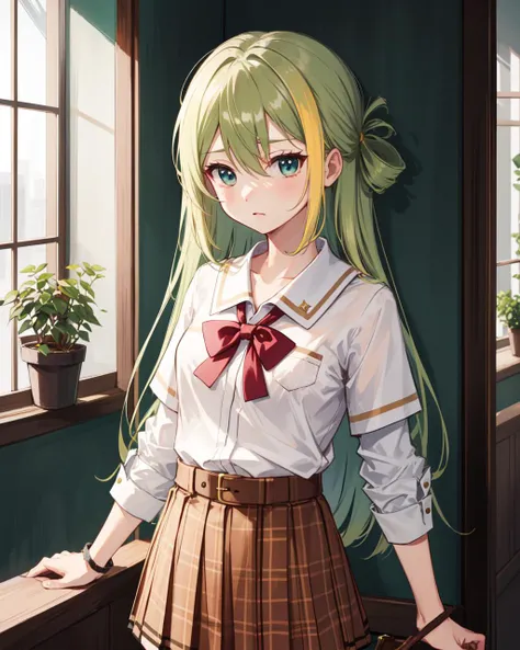 masterpiece, high quality, alinagray, sakae general school uniform, medium shot, upper body, indoors, skirt, shirt, bow, closed mouth, standing, short sleeves, pleated skirt, small breasts, socks, bowtie, red bow, plaid, white socks, wristband, sleeves rolled up, pouch, brown belt, belt pouch, loose socks, loose bowtie, <lora:AlinaGray:0.9>