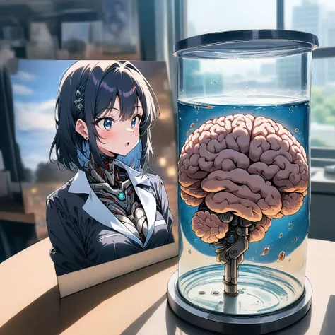 masterpiece, (best quality), highly detailed, ultra-detailed, anime,
formalin-fixed_brain, 1girl, cyborg girl, upper body, brain in tank, brain and photo,