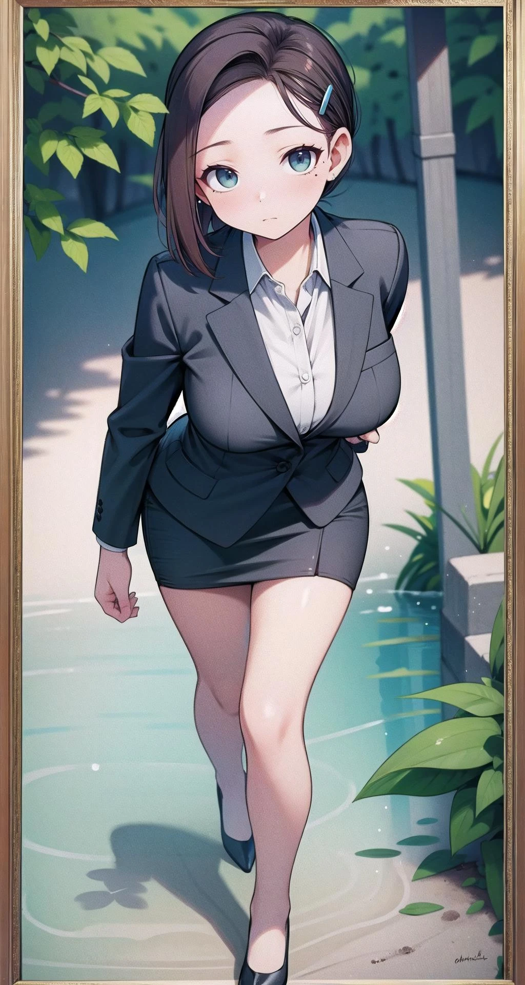 (masterpiece,intricate details),1girl,mature female,gloomy _face, BREAK kouhaichan, <lora:kouhaichantest:1>, kouhaichan, hair ornament, hairclip, mole, mole under eye, short hair, brown hair, blue eyes, (large breast:1.2) BREAK business suit, dress shirt, earrings, formal, high heels, jacket, miniskirt, office lady, open collar, pencil skirt, shirt, skirt, suit| ((walking on the iridescent blue and green waters of Greece's Navagio Beach, framed by towering white cliffs and lush vegetation)),((cumulonimbus)),((full body)),from above:1.1,depth of field,looking at viewer,<lora:garden:1>
