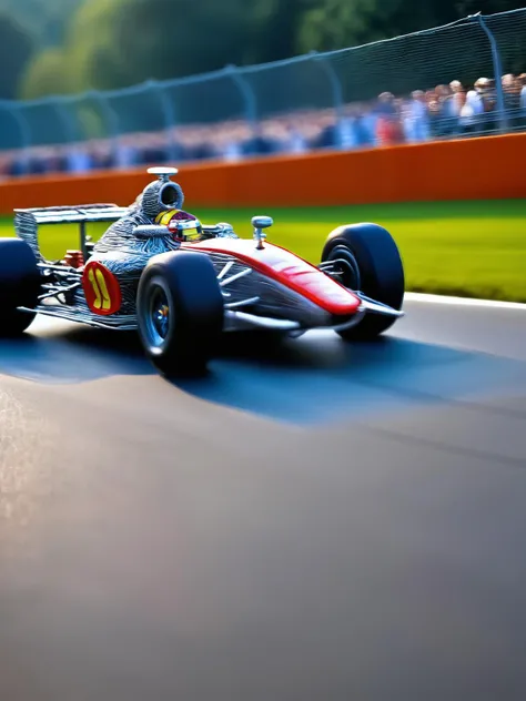 A wire sculpture F1 race car racing down the home straight, intricately detailed, masterpiece, uhd, hdr, 8k, bokeh effect background,<lora:WiredXL:1>, <lora:EnvyBetterHiresFixXL01:0:hr=1>