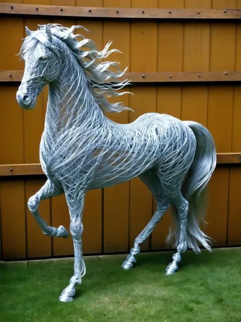 <lora:WiredXL:1>, <lora:EnvyBetterHiresFixXL01:0:hr=1> A wire sculpture of a horse, its powerful muscles and flowing mane captured in a dynamic swirl of wires, suggesting motion and energy.