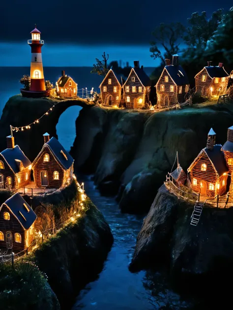 A whimsical scene of a wire sculpture fairy village at night, with tiny habor, fishing boats, a lighthouse, houses, bridges, and gardens all intricately detailed in a wire sculpture style, smoke from chimneys, buildings with ethereal lights, dark, atmospheric, dynamic, cinematic, masterpiece, intricate, hdr.  <lora:WiredXL:1>, <lora:EnvyBetterHiresFixXL01:0:hr=1>