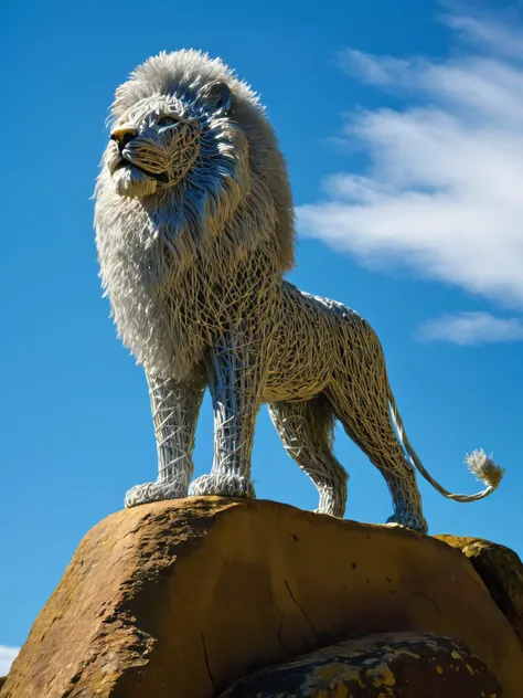 <lora:WiredXL:1>, <lora:EnvyBetterHiresFixXL01:0:hr=1> A wire sculpture of a lion, standing proud on Pride Rock with a beautiful blue sky above