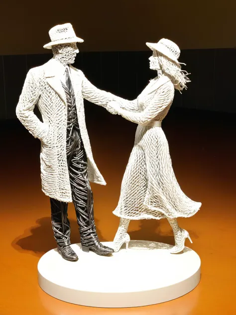 A wire sculpture of the iconic scene from 'Casablanca', capturing the bittersweet farewell between Rick and Ilsa at the airport <lora:WiredXL:1>, <lora:EnvyBetterHiresFixXL01:0:hr=1>