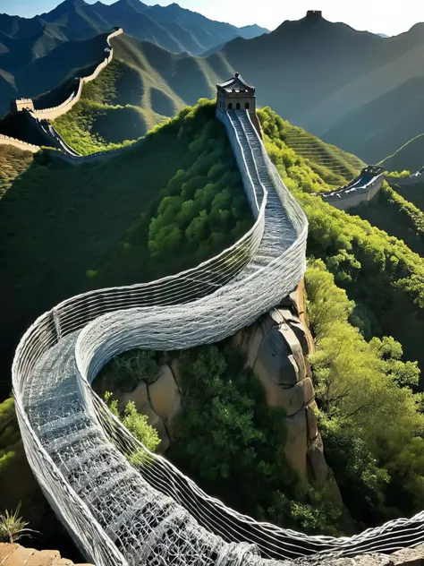 <lora:WiredXL:1>, <lora:EnvyBetterHiresFixXL01:0:hr=1> A wire sculpture of the Great Wall of China snaking through mountainous terrain, its flowing lines conveying its impressive length and strength.