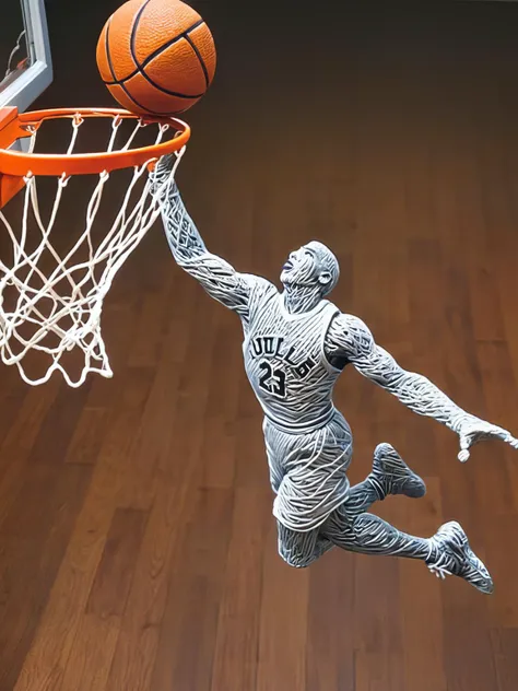 A wire sculpture of Michael Jordan mid-dunk, the wires capturing the dynamic motion and athleticism of the legendary basketball player <lora:WiredXL:1>, <lora:EnvyBetterHiresFixXL01:0:hr=1>