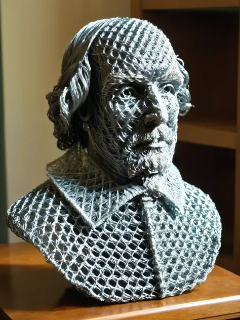 A wire sculpture of Shakespeare in the midst of composing a sonnet, each curl of wire capturing the essence of his poetic genius <lora:WiredXL:1>, <lora:EnvyBetterHiresFixXL01:0:hr=1>