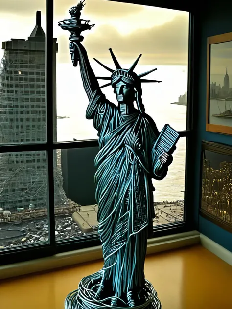A wire sculpture of the Statue of Liberty, with the entire statue made out of fine wires, with a story sky <lora:WiredXL:1>, <lora:EnvyBetterHiresFixXL01:0:hr=1>