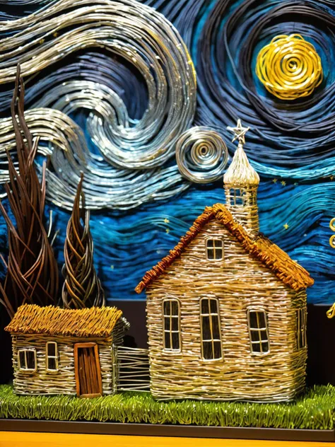 A wire sculpture of a famous scene from 'The Starry Night' by Van Gogh, the swirling night sky and sleepy village created from intertwining wires <lora:WiredXL:1>, <lora:EnvyBetterHiresFixXL01:0:hr=1>