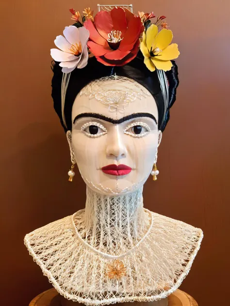 <lora:WiredXL:1>, <lora:EnvyBetterHiresFixXL01:0:hr=1> A wire sculpture of Frida Kahlo, her signature unibrow and floral headdress delicately crafted from fine wires, conveying her strength and resilience.