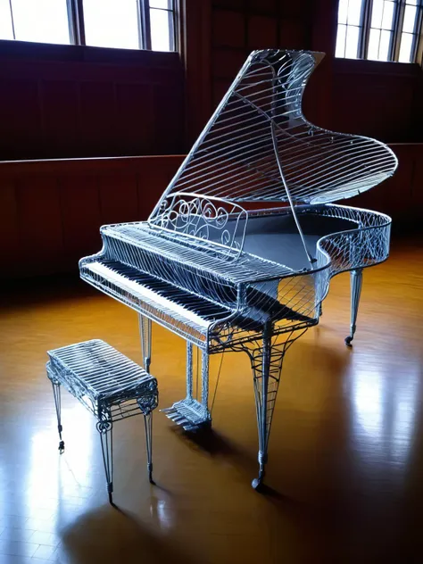 A wire sculpture of a grand piano, with wires for strings inside the open lid, placed in a concert hall ready for a ghostly performance <lora:WiredXL:1>, <lora:EnvyBetterHiresFixXL01:0:hr=1>