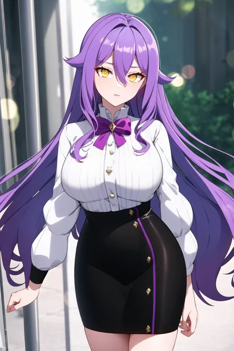 ((masterpiece, best quality)),1girl,outdoors,sirin,long_hair,long_sleeves,looking_at_viewer,pencil_skirt,purple_bow,purple_hair,skirt,solo,thigh_strap,black_skirt,very_long_hair,cowboy_shot,white_shirt,yellow_eyes,extremely detailed CG unity 8k wallpaper,perfect lighting,Colorful,Bright_Front_face_Lighting,White skin,(masterpiece:1),(best_quality:1),ultra high res,4K,ultra-detailed,photography,8K,HDR,highres,absurdres:1.2,Kodak portra 400,film grain,blurry background,bokeh:1.2,lens flare,vibrant_color,professional photograph,(Beautiful large_Breasts),(beautiful_face:1),(narrow_waist),Beautiful Finger,Beautiful long legs,Beautiful body,Beautiful Nose,Beautiful character design,perfect face,perfect balance,<lora:sirinmix:0.7>,