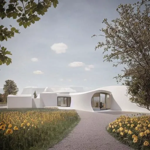 outdoors,scenery,daylight,one build,In the center of the picture is the building, and on both sides of the building is the landscape, In a sea of sunflowers,In the distance was a suspended curvilinear structure whose roof stretched out like leaves,tree background,naturel,curved build,wooden build,fence,flower, tree, garden, day,curved building,white building,curved architecture, streamline,light and shadow,designed by MAD,three floor, in the style of <lora:pastel_v2-000005:0.8>