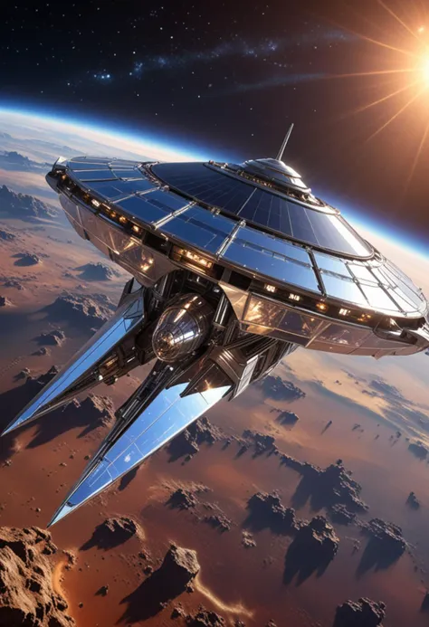 (medium full shot) of (sleek compact translucent spaceship) with reflective-chrome hull, solar sails, robust armored plating, crystal spires, set in  orbiting a vibrant, Earth-like planet, with lush landscapes visible below, the spaceship maintaining a stable orbit, during a cosmic storm, Masterpiece,best quality, photo, realistic, very aesthetic,