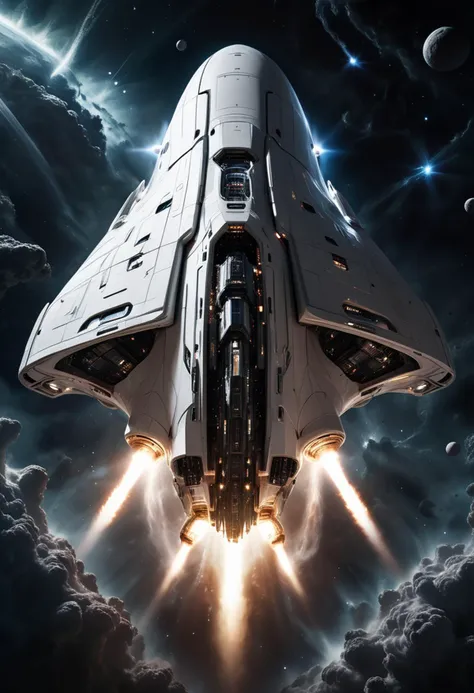 (medium full shot) of (formidable gigantic white spaceship) with reinforced-steel hull, antimatter propulsion, elegant curves, crystal spires, set in  a dark, foreboding nebula, where shadows and light play tricks on the eyes, the spaceship cautiously moving through the mysterious region, during a cosmic storm, ,Masterpiece,best quality, raw photo, realistic, very aesthetic, dark