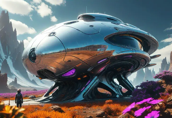 (medium full shot) of (streamlined medium-sized silver spaceship) with stealth-coating hull, plasma engines, elegant curves, ethereal auras, set in  landed on a vibrant exoplanet, with strange, colorful vegetation and alien wildlife, the spaceship conducting exploration, ,Masterpiece,best quality, photo, realistic, very aesthetic