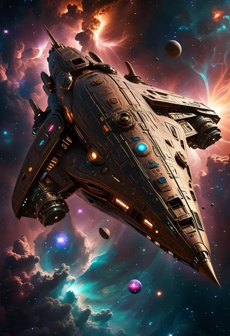 (medium full shot) of (utilitarian expansive bronze spaceship) with reinforced-steel hull, dark matter engines, advanced shielding, adorned with mystic symbols, set in  a radiant nebula, with vivid colors and swirling patterns, the spaceship cutting through the luminescent clouds, during a cosmic storm, ,Masterpiece,best quality, raw photo, realistic, very aesthetic