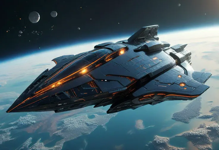 (medium full shot) of (elegant minuscule black spaceship) with reflective-chrome hull, plasma engines, sleek aerodynamic design, weapon turrets, set in  orbiting a vibrant, Earth-like planet, with lush landscapes visible below, the spaceship maintaining a stable orbit, amid celestial debris, ,Masterpiece,best quality, photo, realistic, very aesthetic