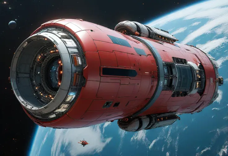 (medium full shot) of (sleek minuscule metallic-red spaceship) with composite-metal hull, fusion reactors, aerodynamic fins, ethereal auras, set in  docked at a massive space station, with bustling activity and numerous ships coming and going, the spaceship undergoing maintenance, ,Masterpiece,best quality, photo, realistic, very aesthetic