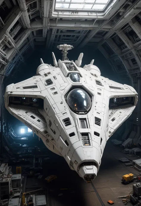 (medium full shot) of (state-of-the-art gigantic white spaceship) with crystalline hull, gravitic drives, modular sections, alien glyphs, set in  salvaging valuable technology from an abandoned spaceship, the spaceship carefully dismantling and transporting the components, Masterpiece,best quality, photo, realistic, very aesthetic,