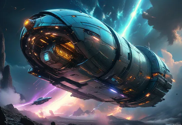 (medium full shot) of (elegant massive iridescent spaceship) with reinforced-steel hull, gravitic drives, advanced shielding, adorned with glowing energy lines, set in  exiting a wormhole into an unknown region of space, the spaceship crew disoriented but eager to explore the new surroundings, during a cosmic storm, ,Masterpiece,best quality, photo, realistic, very aesthetic