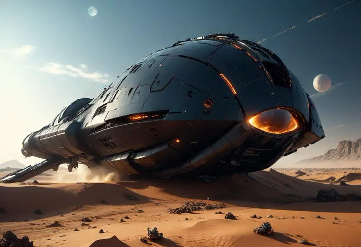 (medium full shot) of (colossal gigantic black spaceship) with composite-metal hull, dark matter engines, elegant curves, ethereal auras, set in  exploring the surface of a desert exoplanet, with vast dunes and scorching temperatures, the spaceship searching for resources, amid celestial debris, ,Masterpiece,best quality, photo, realistic, very aesthetic