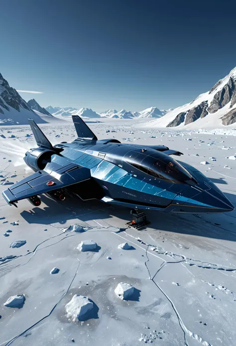 (medium full shot) of (streamlined gigantic navy-blue spaceship) with stealth-coating hull, plasma engines, sleek aerodynamic design, luminescent surfaces, set in  orbiting a frozen, icy planet, with glaciers and snow-covered landscapes, the spaceship studying the harsh environment, amid celestial debris, ,Masterpiece,best quality, photo, realistic, very aesthetic,