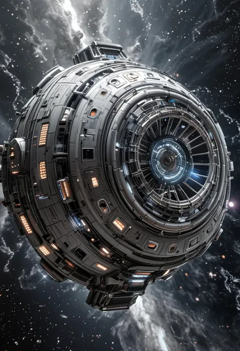 (medium full shot) of (state-of-the-art expansive silver spaceship) with carbon-fiber hull, solar sails, advanced shielding, alien glyphs, set in  entering a wormhole, the spaceship experiencing intense forces as it travels through the space-time tunnel, during a cosmic storm, ,Masterpiece,best quality, photo, realistic, very aesthetic