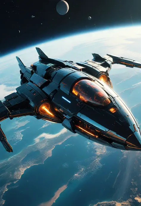 (medium full shot) of (elegant minuscule black spaceship) with reflective-chrome hull, plasma engines, sleek aerodynamic design, weapon turrets, set in  orbiting a vibrant, Earth-like planet, with lush landscapes visible below, the spaceship maintaining a stable orbit, amid celestial debris, ,Masterpiece,best quality, photo, realistic, very aesthetic