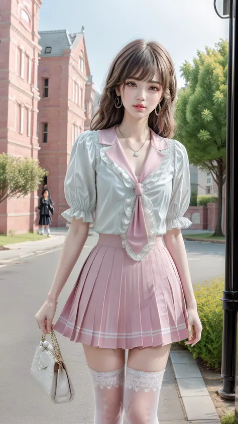 masterpiece,best quality,(detailed face, perfect face, perfect eyes, realistic eyes, perfect fingers),(clear face),fantasy girl,long hair,jewelry,earrings,looking at viewer,intricate,high detail,sharp focus,dramatic,beautiful girl,necklace,outdoors,standing,knees up,looking at viewer,white thighhighs,school building,
<lora:add_detail:0.9>,
<lora:Sweet girl dress1:0.75> pleated skirt,pink skirt,pink sailor collar,