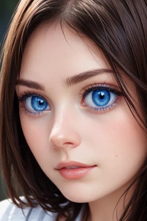 a woman, brunette-hair, blue-eyes, face, closeup,