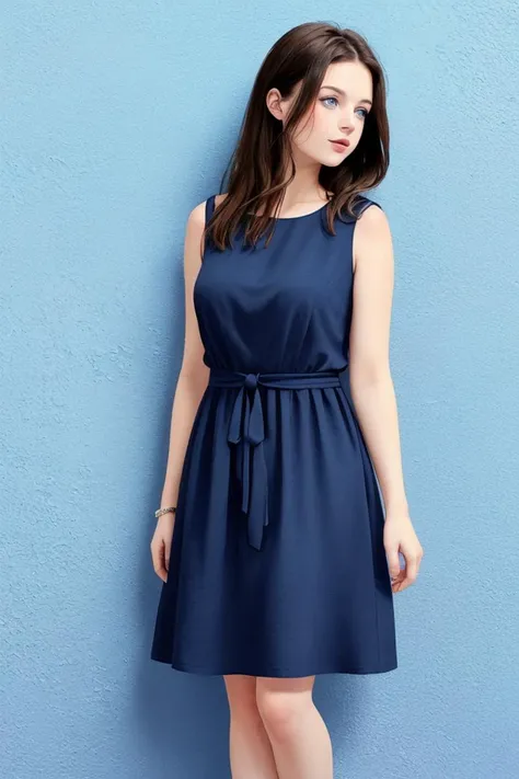 a woman, brunette-hair, blue-eyes, full-body, view from the waist up, wearing dress, wall background,