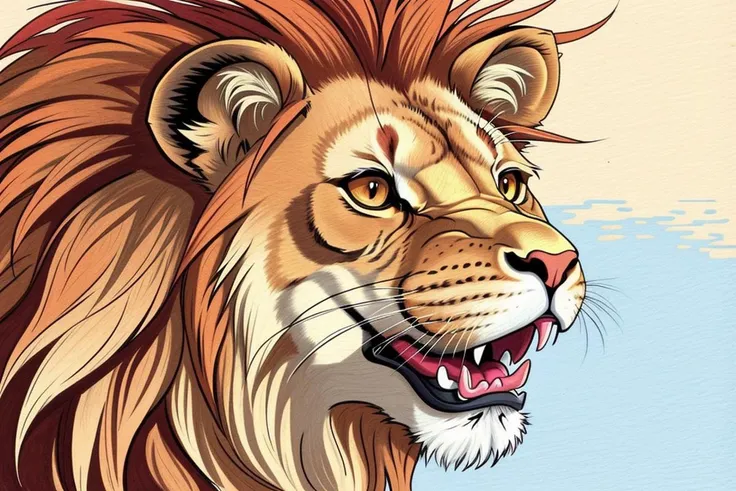 a drawing in-color, a lion roar,, (hand-drawn style, textured strokes, soft shading, visible lines, detailed and rich hues),