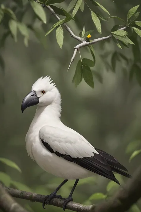 This is a close-up photograph of a bird's head. The bird has a fluffy white head with a prominent, sharp-edged beak. The feathers on the bird's head are dark, possibly black or dark gray, and they appear to be ruffled or ruffled. The background of the image is blurred, but it seems to be a natural setting with green foliage, suggesting that the bird is in a forest or a similar environment. There are no discernible texts or other objects in the image. The focus is solely on the bird's head, and the image does not provide any additional context or information about the bird's species or location.