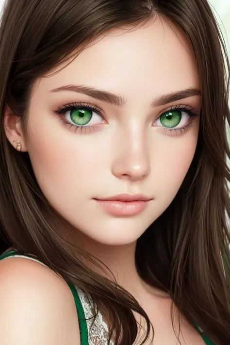 a woman, brunette-hair, green-eyes, face, closeup,