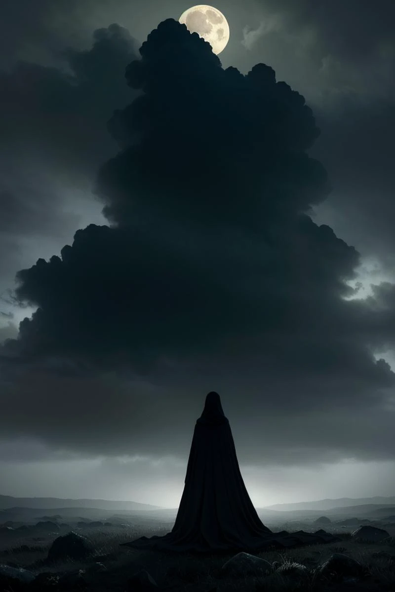 raw poster, (masterpiece, best quality:1.5), atmospheric and moody weather, sky partially obscured by dark swirling clouds, desolate heath at twilight, with storm clouds swirling overhead, ground is rough and muddy, scattered with jagged rocks, in the dim light, you see a shadowy figure standing in a dark tattered cloak, robes billowing in the wind, mysterious silhouette, dramatic lighting, ominous atmosphere, in the style of gothic art, visually captivating composition, incorporating the moonlight to create a hauntingly beautiful ambiance, contrasting shadows, extremely detailed