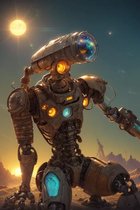 (masterpiece:1.2), (photo of a partially buried cyborg, sandblasted and rusted, their robotic arm reaching towards a flickering sun Emphasizing the harsh environment, with cracked lenses and fading paint details:1.1), (bathed in the cold light of a holographic moon:1.1), (art by Cyril Rolando:1.4), (close-up shot:1.0), (hyperdetailed:1.1), (intricate details:1.0), (Refined details:1.1), (best quality:1.1), (high resolution:1.2)