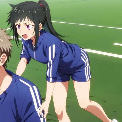 anime screencap, 1girl, solo, girl pushed to the ground, pressed against the floor, pinned to the floor, against the floor, football player, soccer, glowing eyes, football team, football uniform,
funny face, prank, laughing, smirk, looking at viewer,
green hair, purple eyes,
lens blur, lens flare, fisheye, bokeh, reaching out,