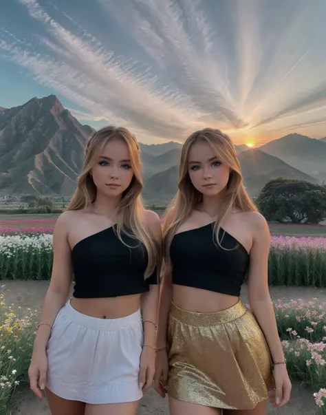 <lora:izaandelle:1> 2girls, izaandelle twins, (32K resolution, masterpiece, ultra high quality, best quality, ultra high definition, perfect anatomy, Incredibly detailed, RAW, ultra super realistic, photorealistic, cinematic lighting, exquisitely detailed, extremely intricate, 8k UHD, high resolution), (1girl), wearing a one Shoulder Crop Top and skirt,  perfect eyes, highly detailed beautiful expressive eyes, detailed eyes, standing in the middle of a flower field, vast open view in the background, mountains, hills, sunset, dynamic vivid colors