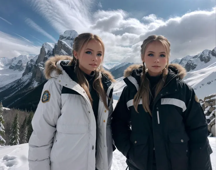 <lora:izaandelle:1> 2girls, izaandelle twins, 1girl, beautiful and sexy, light makeup, in tomb raider style snow gear, standing on the top of a snowy mountain, vast open view in the background, mountains, hills, trees, snow, clouds,  35mm photograph, film, bokeh, professional, 4k, highly detailed dynamic lighting, photorealistic, 8k, raw, rich, intricate details, key visual, vivid colors, detailed eyes, busty