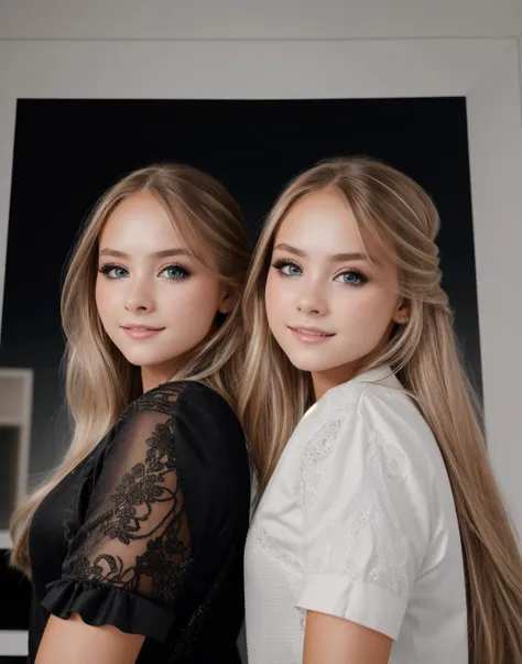 <lora:izaandelle:1> 2girls, izaandelle twins, professional head shot, perfect eyes, highly detailed beautiful expressive eyes, detailed eyes, glamorous hair, perfection gorgeous smile, light makeup,  good atmosphere. large depth of field, deep depth of field, (8k, RAW photo, best quality, depth of field, ultra high res:1.2), intricate, photorealistic, masterpiece, ultra-detailed), crisp, vivid lighting