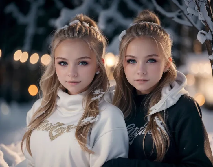 <lora:izaandelle:1> 2girls, izaandelle twins, beautiful girl wearing a thin athletic sweater, glamourous hair, depth of field, bokeh, morning in the snow, (masterpiece) (best quality) (detailed) (8k) (wallpaper) (cinematic lighting) (sharp focus) (intricate), dynamic lighting, vivid